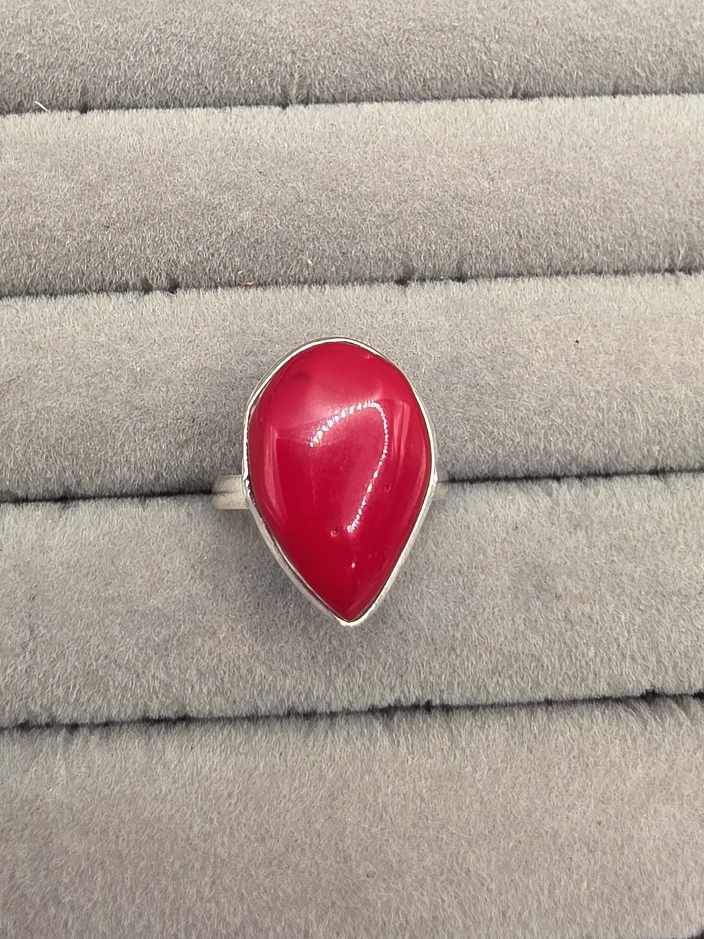 Teardrop Red Coral Statement Ring Size 7 - Silver Plated